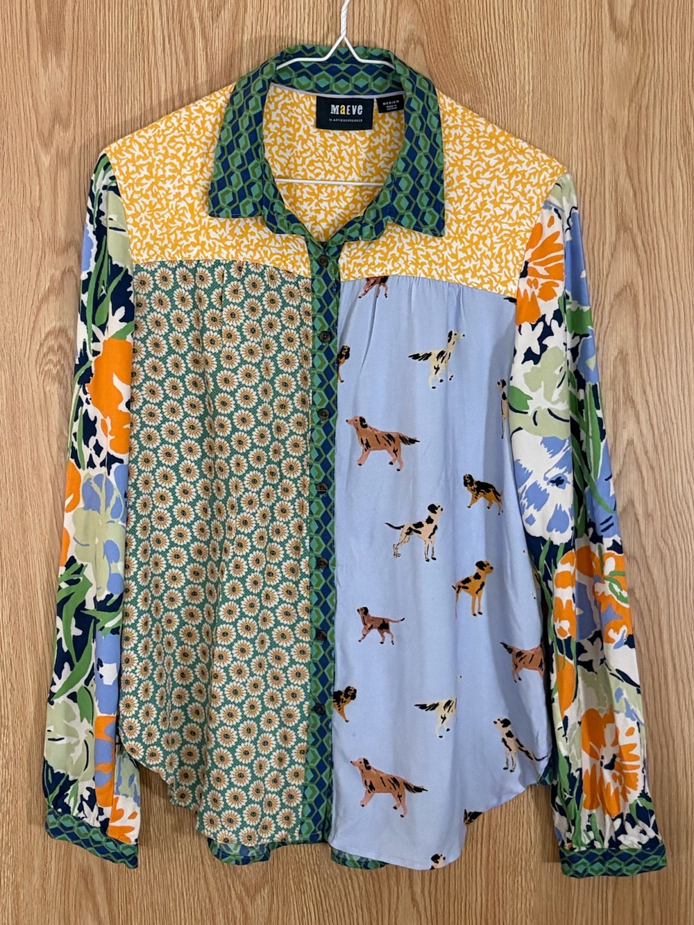 Maeve Anthropology Paz Button-Down Shirt with Mixed Print Patchwork Design - Picture 2 of 8